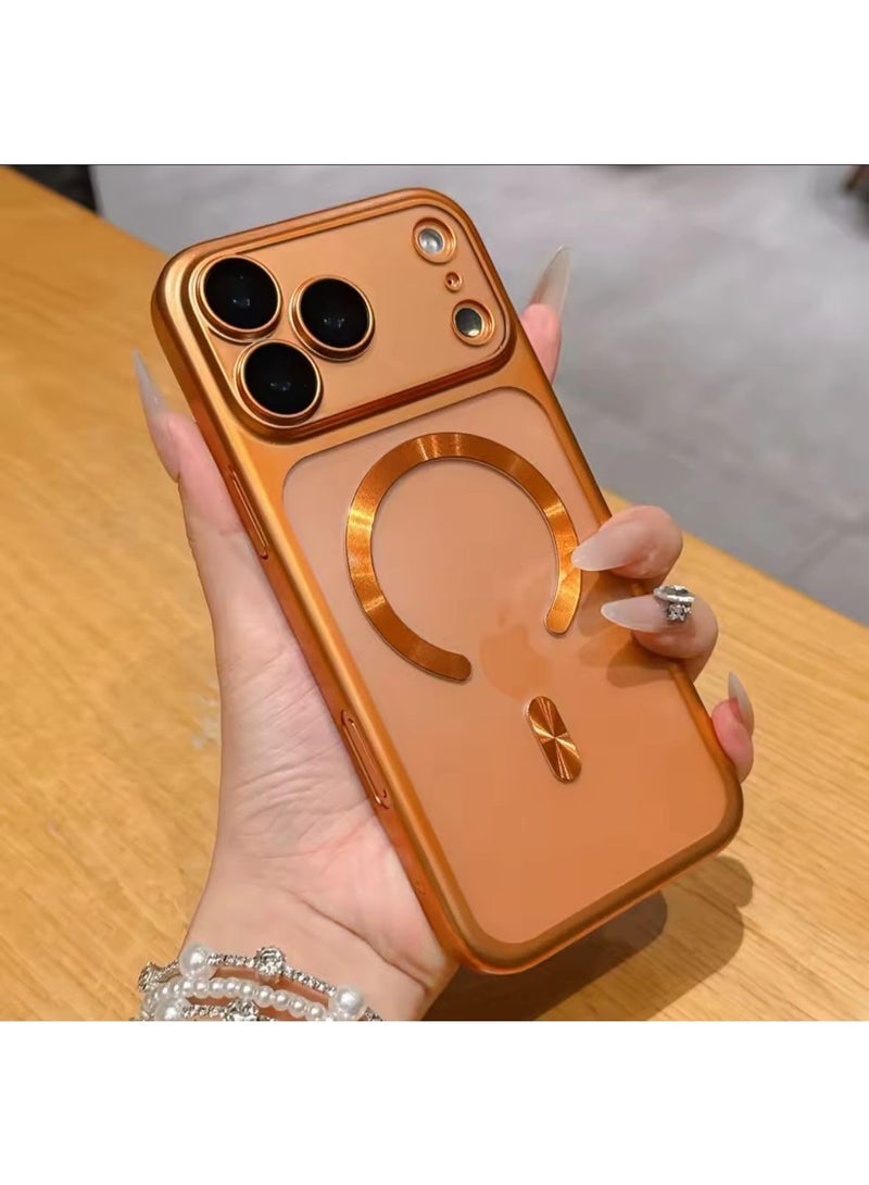 Back Cover Compatible With Magsafe For iPhone 17 Pro Max Shockproof Lens Protector Luxury Matte Case (Orange) - Image 1