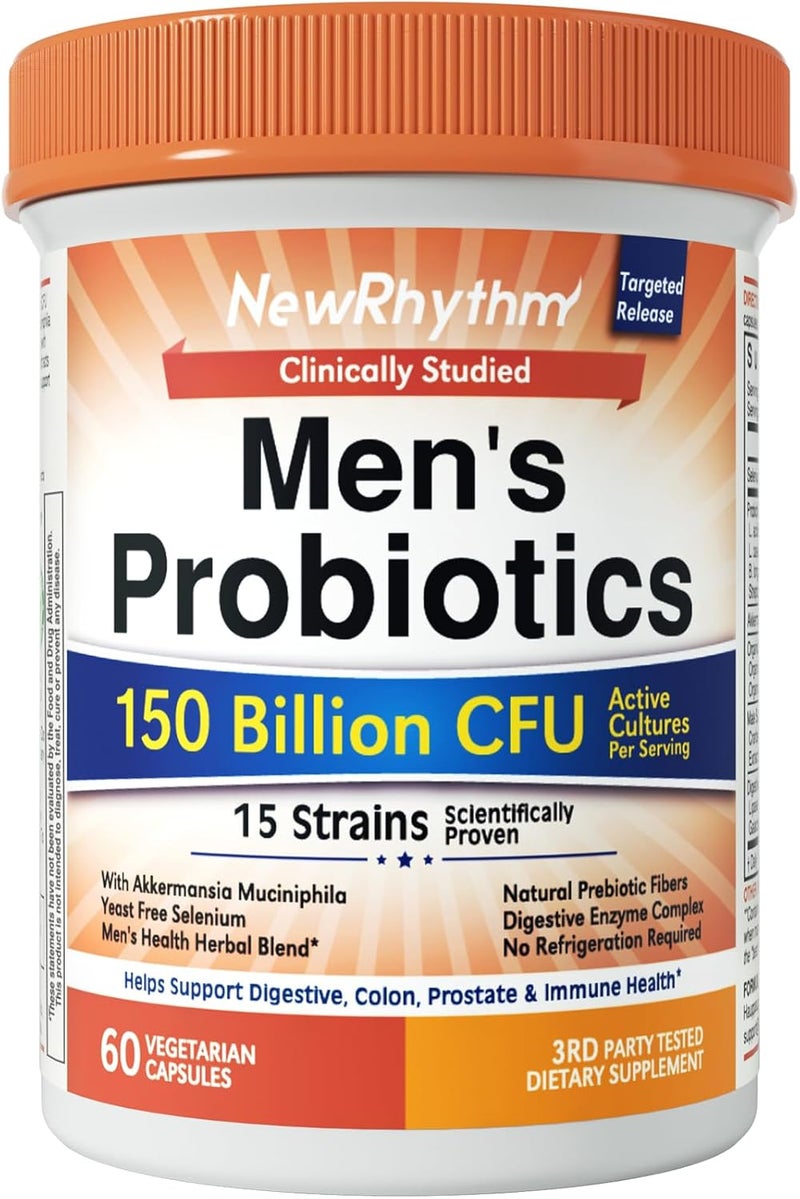 NewRhythm Probiotics for Men with Prebiotics Selenium Digestive Enzymes Akkermansia Muciniphila Cranberry Extract 150 Billion CFU Digestive Colon Immune Mens Health 60 Vegan Caps - Image 1