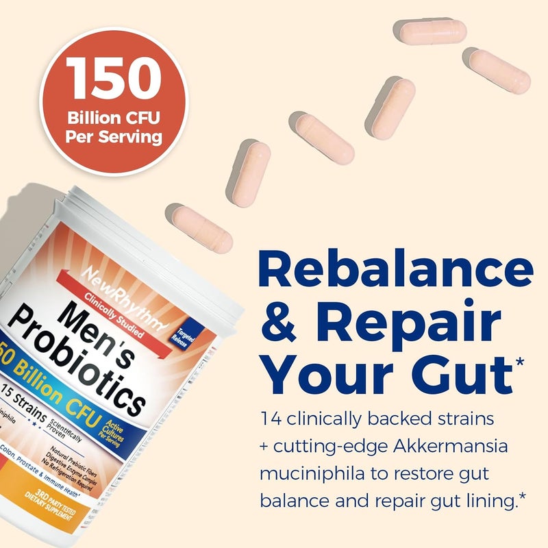 NewRhythm Probiotics for Men with Prebiotics Selenium Digestive Enzymes Akkermansia Muciniphila Cranberry Extract 150 Billion CFU Digestive Colon Immune Mens Health 60 Vegan Caps - Image 2