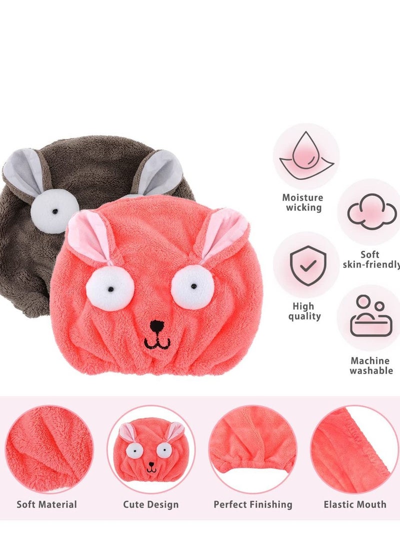 2 Pack Ultra Absorbent Microfibre Hair Towel Turban Cartoon Cute Embroidery Coral Velvet Wet Dry Wrap Quick for Bath Shower - Image 2