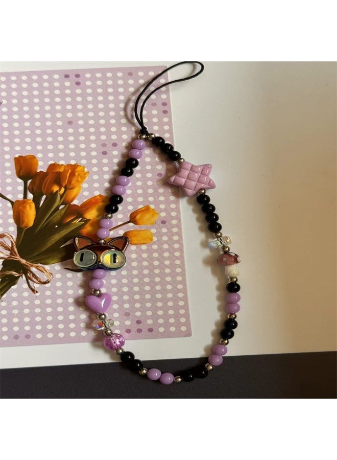 NIBEMINENT Phone Charm/ Chain Strap for Women Girls, Purple Cat Head Cell Phone Case Lanyard Wrist Strap