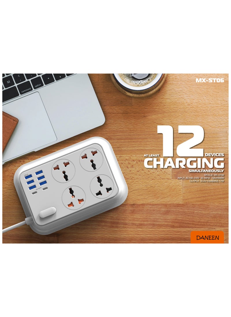 MOXOM 2M Universal Extension Cord with 04 Outlets, 6 USB &2 Type C Ports, Push Button, LED Indicator, Surge Protector, Multi-Plug Adapter (White)  - Image 1