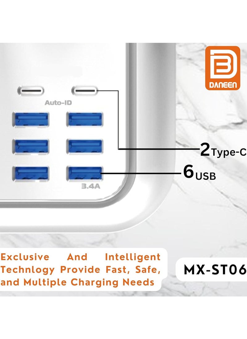 MOXOM 2M Universal Extension Cord with 04 Outlets, 6 USB &2 Type C Ports, Push Button, LED Indicator, Surge Protector, Multi-Plug Adapter (White)  - Image 3