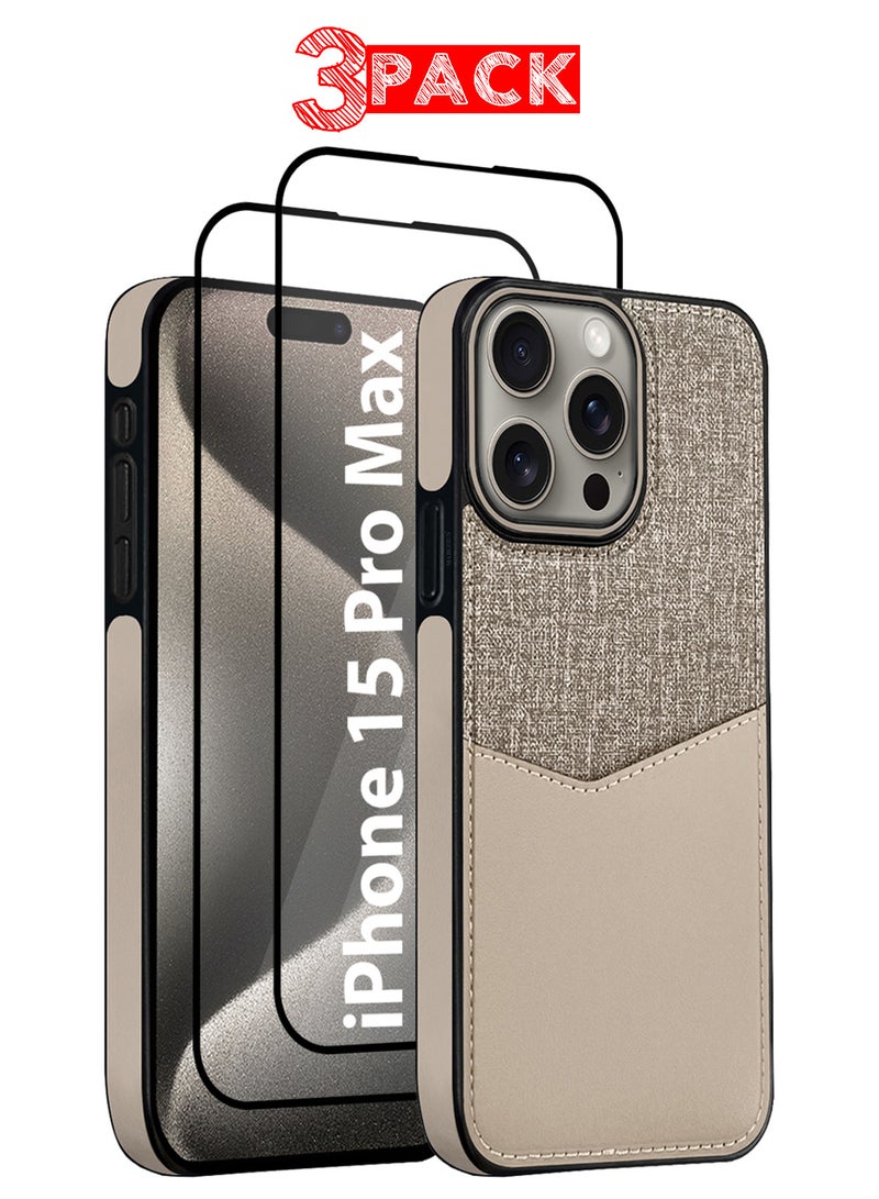 CATANES 3Packs iPhone 15 Pro Max Card Case Leather Back Cover with Card Holder, Slim and Lightweight, 1-2 Cards with Two 3D Screen Protectors- Cream  - Image 1