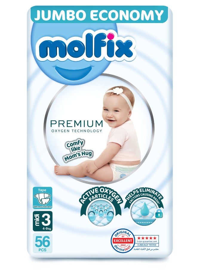 Molfix Molfix premium O2 Baby Diapers size 3, 56 Pcs  - Image 1