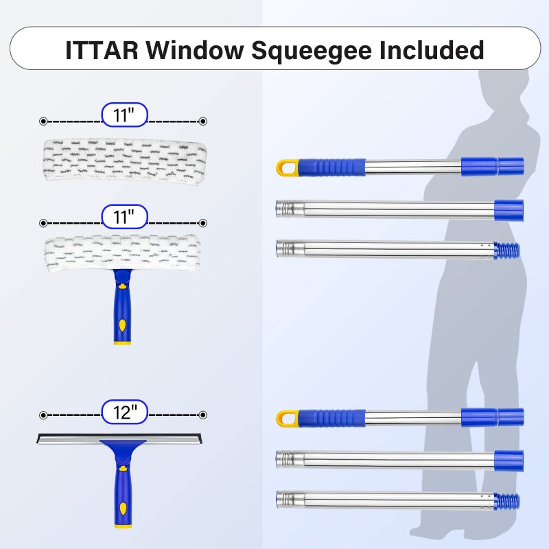 ITTAR ممسحة نوافذ ITTAR مع عمود من الفولاذ المقاوم للصدأ 2 مجموعة، أدوات تنظيف الممسحة مع وسادات ميكروفايبر، مجموعة غسيل نوافذ قابلة للتمديد 60"-72"، منظف ممسحة محترف للزجاج الخارجي للمنزل والسيارة - Image 3