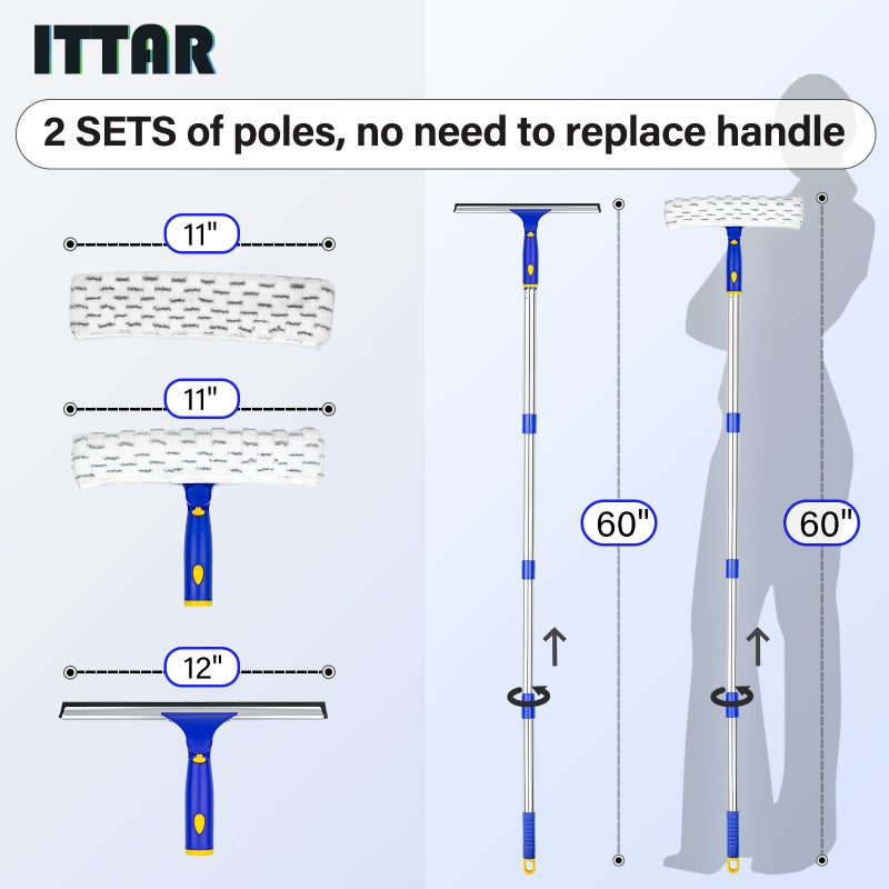 ITTAR ممسحة نوافذ ITTAR مع عمود من الفولاذ المقاوم للصدأ 2 مجموعة، أدوات تنظيف الممسحة مع وسادات ميكروفايبر، مجموعة غسيل نوافذ قابلة للتمديد 60"-72"، منظف ممسحة محترف للزجاج الخارجي للمنزل والسيارة - Image 2