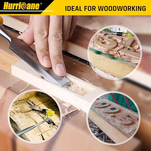 HURRICANE 4 Piece Wood Chisel Set for Woodworking. CR-V Steel Beveled Edge Blades with Safety Caps. Durable PVC High Impact Handle, for Precision Carving & DIY Projects (1/4", 1/2", 3/4", 1") - Image 5