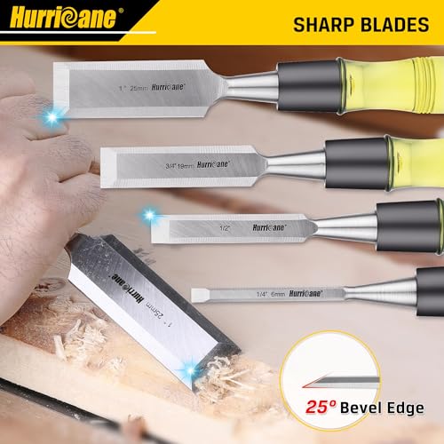 HURRICANE 4 Piece Wood Chisel Set for Woodworking. CR-V Steel Beveled Edge Blades with Safety Caps. Durable PVC High Impact Handle, for Precision Carving & DIY Projects (1/4", 1/2", 3/4", 1") - Image 4