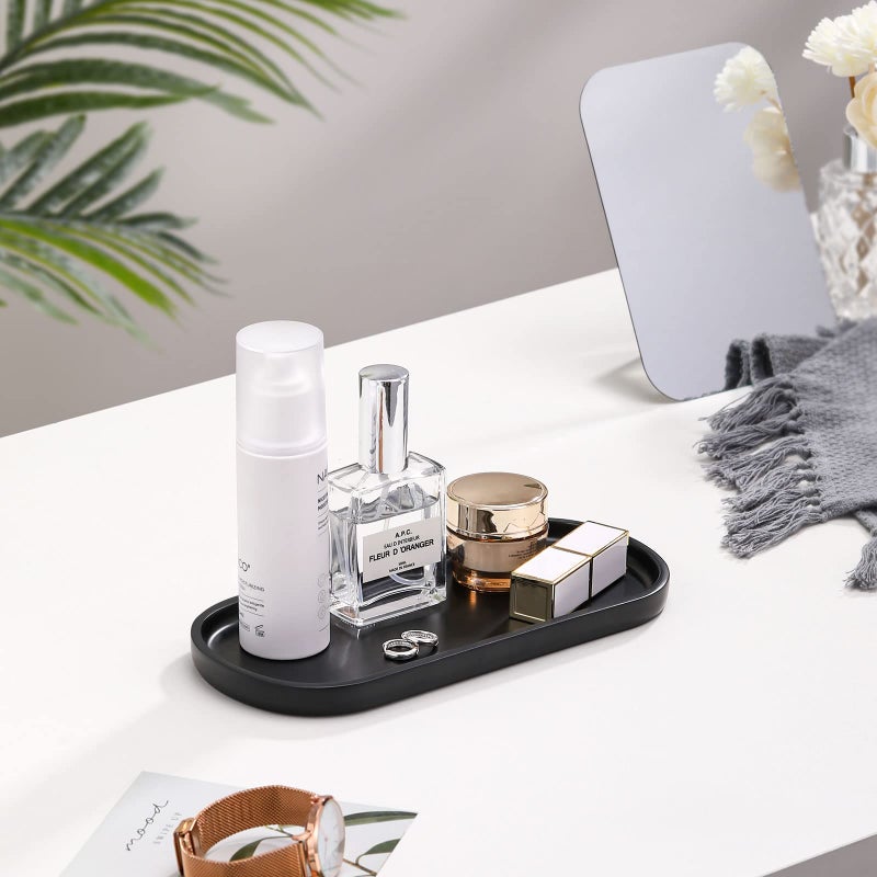 Luxspire Bathroom Vanity Tray Kitchen Soap Tray, Oval Toilet Tank Tray, Bathroom Countertop Organizer Tray for Jewelry Perfume Soap Dispenser Candle - 9.8 Inch, Matte Ink Black - Image 3