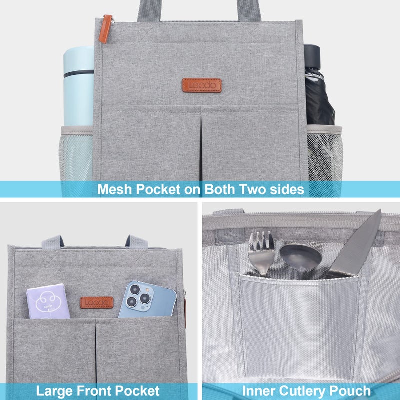 Lacdo حقيبة غداء لاكدو للنساء والرجال، حقيبة غداء معزولة، حقيبة غداء مقاومة للماء، صندوق غداء قابل لإعادة الاستخدام، مبرد ناعم مع جيوب للعمل والسفر والنزهات، رمادي - Image 4