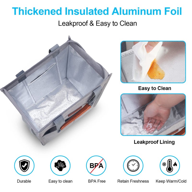 Lacdo حقيبة غداء لاكدو للنساء والرجال، حقيبة غداء معزولة، حقيبة غداء مقاومة للماء، صندوق غداء قابل لإعادة الاستخدام، مبرد ناعم مع جيوب للعمل والسفر والنزهات، رمادي - Image 5