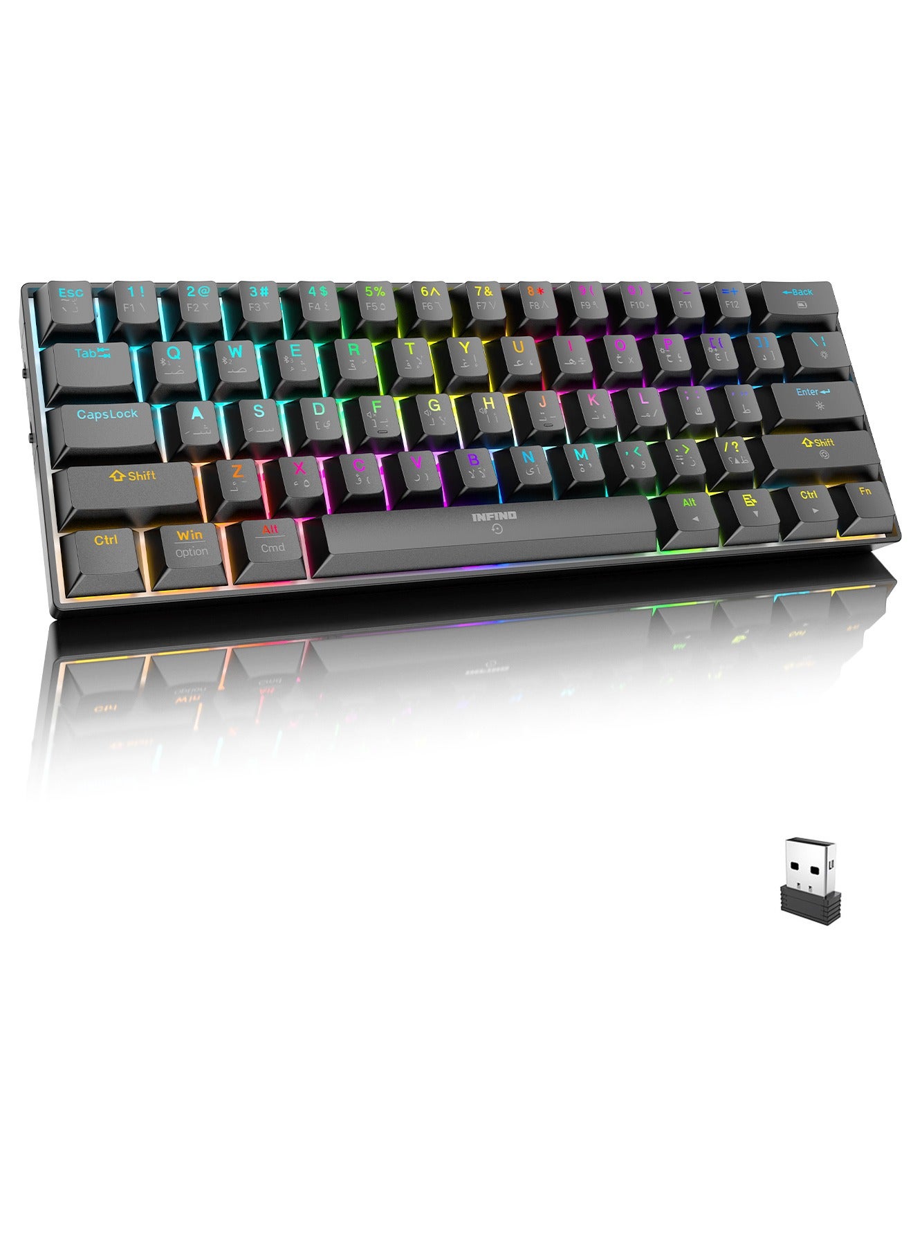 infino Wireless Bluetooth Tri-Mode (2.4G/Bluetooth/USB-C) Mechanical Keyboard, Multi-Platform Support (Windows/Mac/Linux/Tablet), Rechargeable 61-Key RGB Backlit Brown Switch Gaming Keyboard