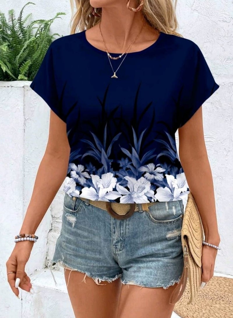 EMERY ROSE Casual Floral Print Loose Fit Women's Round Neck BLOUSE