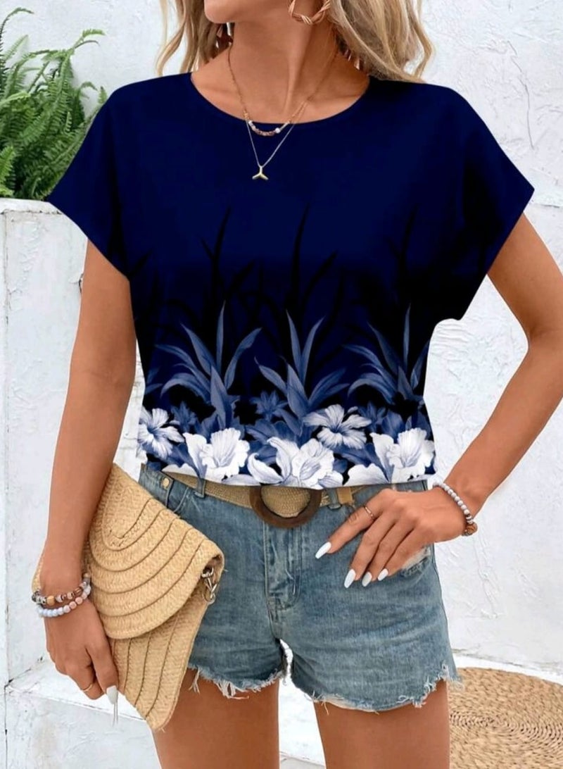 EMERY ROSE Casual Floral Print Loose Fit Women's Round Neck BLOUSE