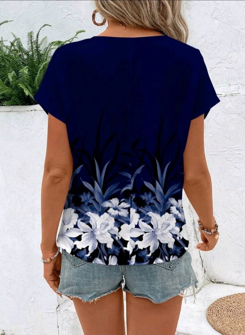 EMERY ROSE Casual Floral Print Loose Fit Women's Round Neck BLOUSE