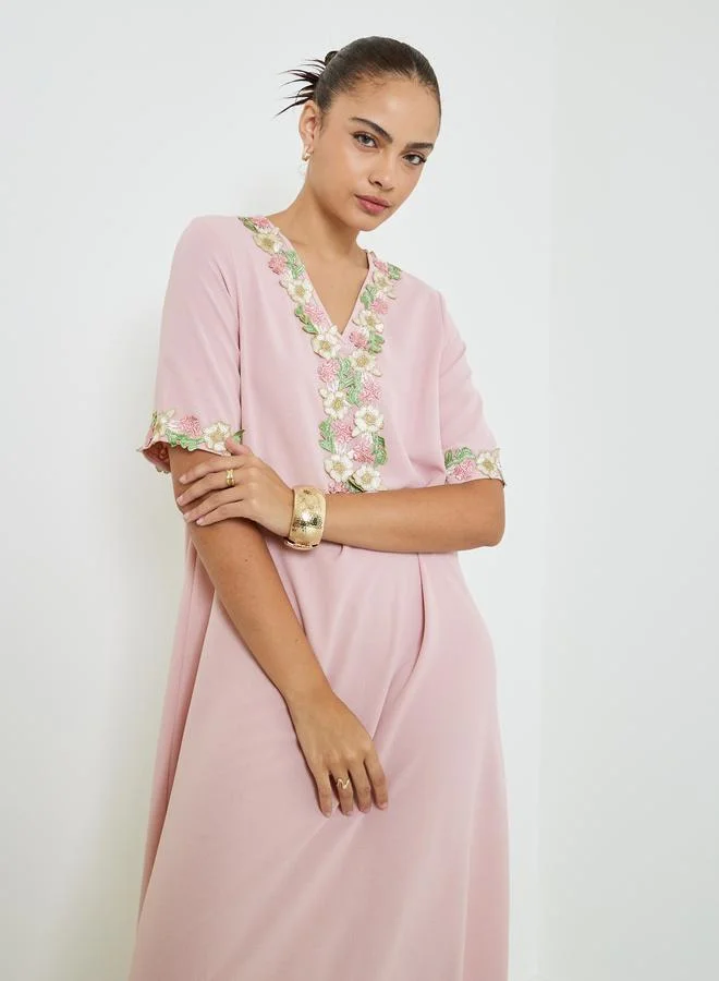 Amirah Pink Floral Lace Trim V Neck Jalabiya