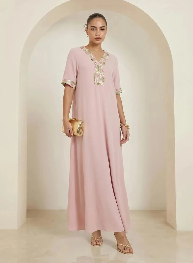Amirah Pink Floral Lace Trim V Neck Jalabiya