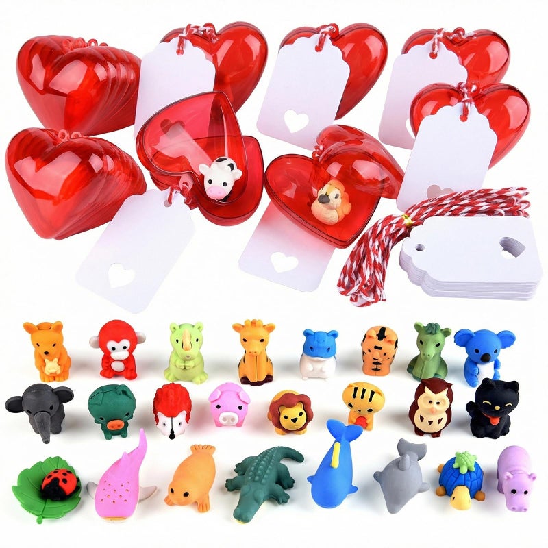 MIAHART 30 Pack Valentines Erasers Set Animal Pencil Erasers Filled Hearts Box and Valentine's Cards forTeenager Valentines Party Favors, Carnivals Gift, Supplies (Animal) - Image 1