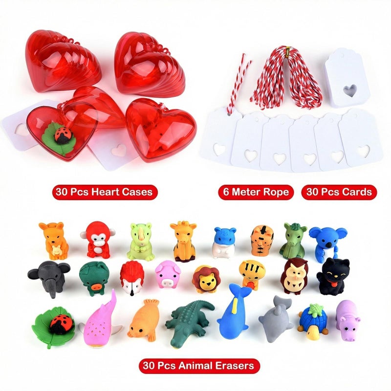 MIAHART 30 Pack Valentines Erasers Set Animal Pencil Erasers Filled Hearts Box and Valentine's Cards forTeenager Valentines Party Favors, Carnivals Gift, Supplies (Animal) - Image 2