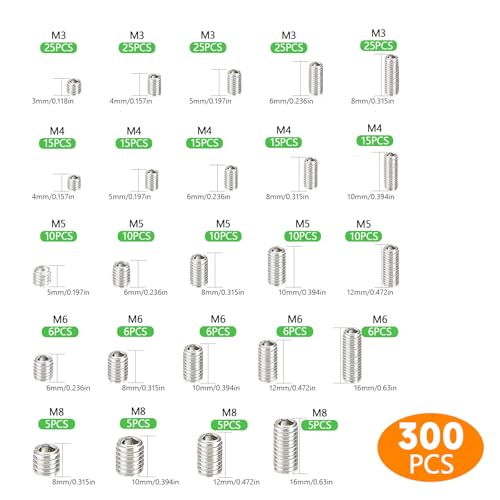 AvrestYPT 300 Pcs 24 Size Set Screws Assortment Kit (M3, M4, M5, M6, M8) Metric & SAE Allen Set Screws for Bathroom Fixture Metric Bolt Assortment for Door Knobs, Faucets, Plumbing - Image 2