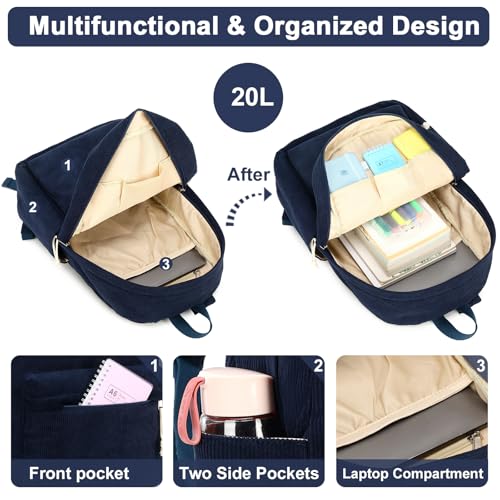 BTOOP School Backpack for Teens Large Corduroy Bookbag Lightweight 15.6 inch Laptop Bag for Girls Women Casual High School College - Image 4