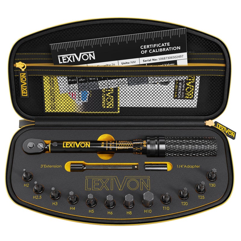 LEXIVON Bike Torque Wrench 1/4-Inch Dr. 15-Piece Kit | 72-Tooth Gear, Dual-Direction Click Type 2~26 Nm / 17.7~230.1 in-lb (LX-191) - Image 1