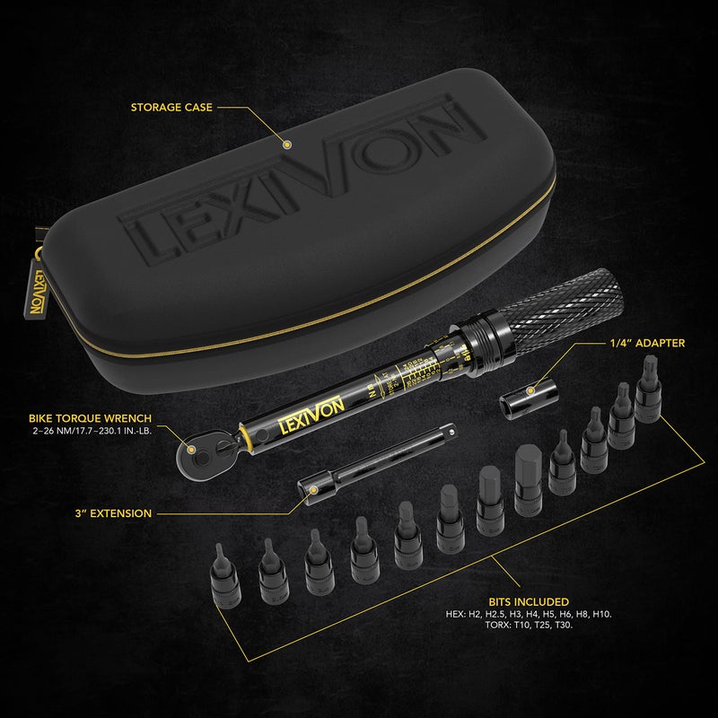 LEXIVON Bike Torque Wrench 1/4-Inch Dr. 15-Piece Kit | 72-Tooth Gear, Dual-Direction Click Type 2~26 Nm / 17.7~230.1 in-lb (LX-191) - Image 3