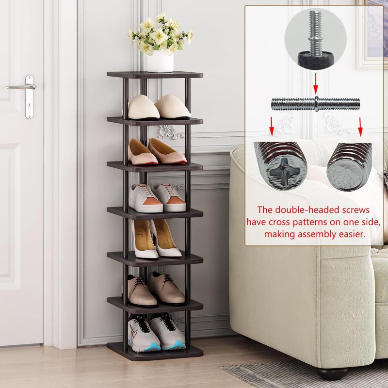 SORCEDAS 7 Tiers Vertical Shoe Rack Wooden Shoe Storage Organizer for Space Saving Narrow Shoe Shelf Storage 7 Pairs for Entryway Living Room Bedroom(Black + Rustic Dark Brown) - Image 2