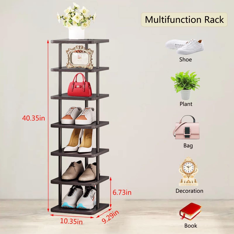 SORCEDAS 7 Tiers Vertical Shoe Rack Wooden Shoe Storage Organizer for Space Saving Narrow Shoe Shelf Storage 7 Pairs for Entryway Living Room Bedroom(Black + Rustic Dark Brown) - Image 5