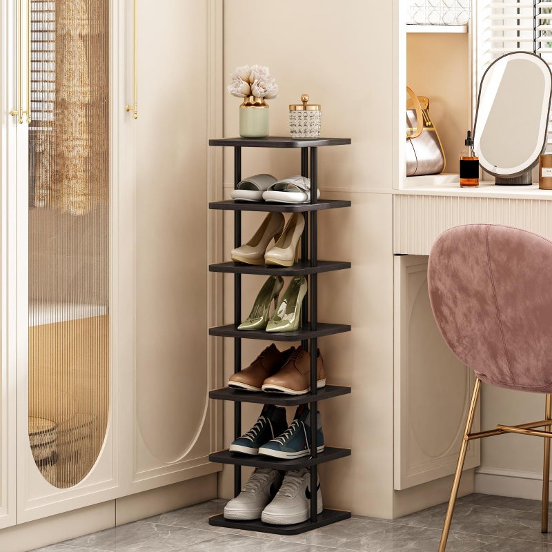 SORCEDAS 7 Tiers Vertical Shoe Rack Wooden Shoe Storage Organizer for Space Saving Narrow Shoe Shelf Storage 7 Pairs for Entryway Living Room Bedroom(Black + Rustic Dark Brown) - Image 3