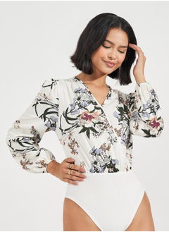 Styli Floral Print V Neck Bodysuit  - Image 1