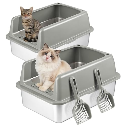 Kirecoo 2 Pack Stainless Steel Litter Box with Lid, Large Enclosed Metal Cat Litter Box Pan High Sided, Easy Clean Anti-Leakage Litterbox Tray for Indoor Big Cats, Kittens or Multicat, Scoop Included - Image 1