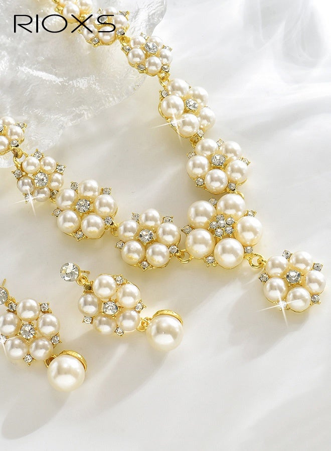 RIOXS Gold Pearl Bridal Wedding Jewelry Set, Rhinestone Necklace Earrings Sets, Flower Formal Prom Costume Jewelry Sets for Women and Brides - Image 3