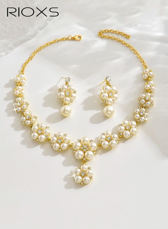 RIOXS Gold Pearl Bridal Wedding Jewelry Set, Rhinestone Necklace Earrings Sets, Flower Formal Prom Costume Jewelry Sets for Women and Brides - Image 4