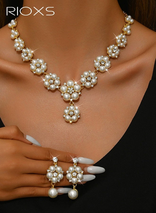 RIOXS Gold Pearl Bridal Wedding Jewelry Set, Rhinestone Necklace Earrings Sets, Flower Formal Prom Costume Jewelry Sets for Women and Brides - Image 1