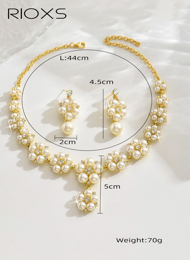 RIOXS Gold Pearl Bridal Wedding Jewelry Set, Rhinestone Necklace Earrings Sets, Flower Formal Prom Costume Jewelry Sets for Women and Brides - Image 5
