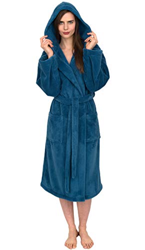 TowelSelections Womens Robe Soft Plush Bathrobe Fleece Hooded Spa Bath Robe for Women Large-X-Large Deep Water - Image 1