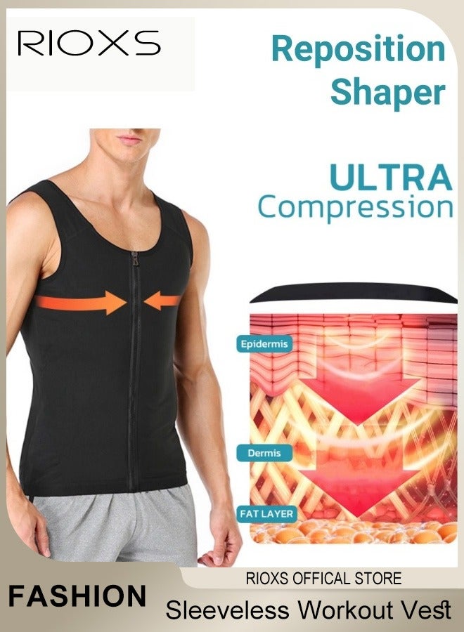 RIOXS Men Compress Body Shaper Vest,Waist Trainer Corset Neoprene Tank Top With Zipper,Belly Slimming Trainer Tactical Vest For Men Running Riding Lifting Workout  - Image 3