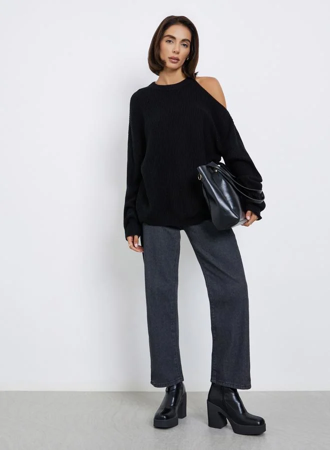 Styli Black Cold Shoulder Knit Sweater