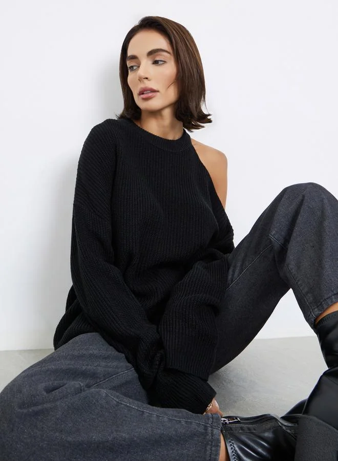 Styli Black Cold Shoulder Knit Sweater