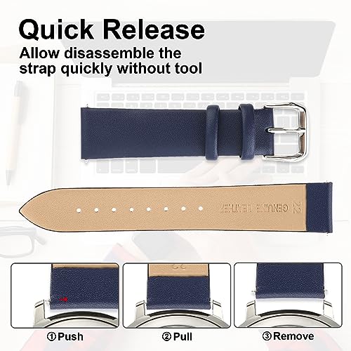 Cobee Leather Watch Straps, Soft Calfskin Leather Watch Band Quick Release Replacement Watchband for Men Women Universal Watches Bracelet Stainless Steel Clasp Buckle (Dark Blue, 22mm) - Image 4