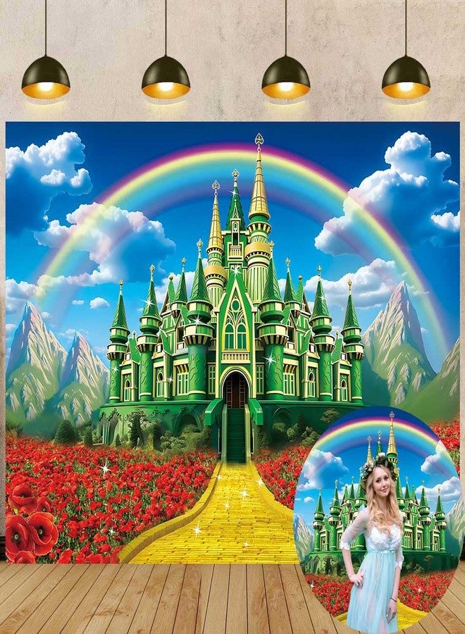 RUYI Green Castle Yellow Brick Road Backdrop 7x5FT Rainbow Floral Castle Gold Brick Road Halloween Photography Background Princess Birthday Party Decorations Supplies - Image 1
