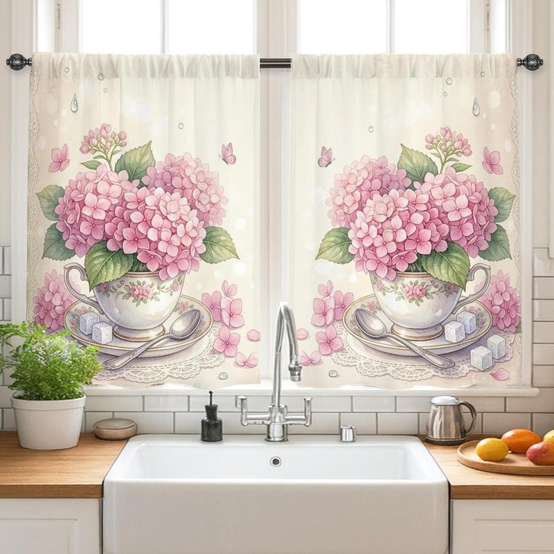 Hydrangea Kitchen Curtains, Vintage Floral Teacup Butterfly Spring Peach Sink Window Curtains for Small Rv Sink Area Narrow Window 28x39 Inch - Image 2