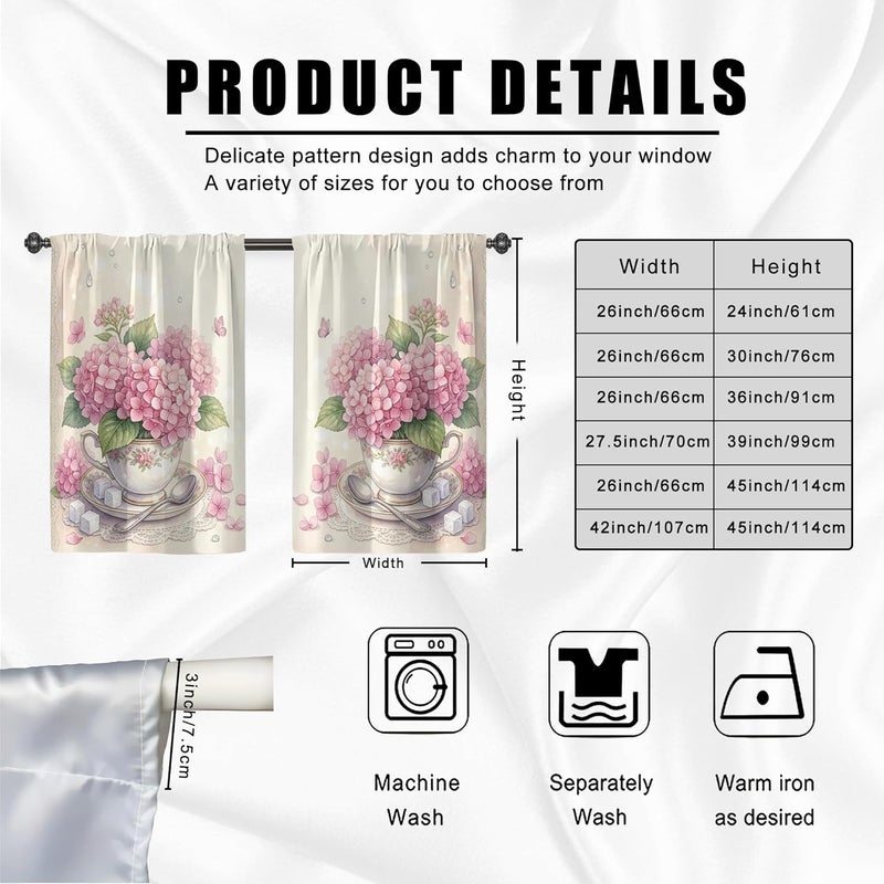 Hydrangea Kitchen Curtains, Vintage Floral Teacup Butterfly Spring Peach Sink Window Curtains for Small Rv Sink Area Narrow Window 28x39 Inch - Image 3