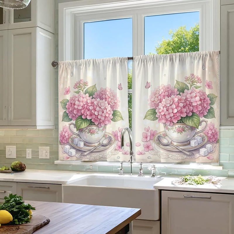 Hydrangea Kitchen Curtains, Vintage Floral Teacup Butterfly Spring Peach Sink Window Curtains for Small Rv Sink Area Narrow Window 28x39 Inch - Image 4