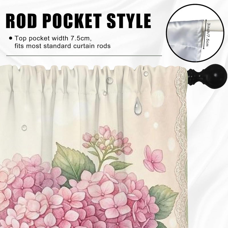 Hydrangea Kitchen Curtains, Vintage Floral Teacup Butterfly Spring Peach Sink Window Curtains for Small Rv Sink Area Narrow Window 28x39 Inch - Image 5