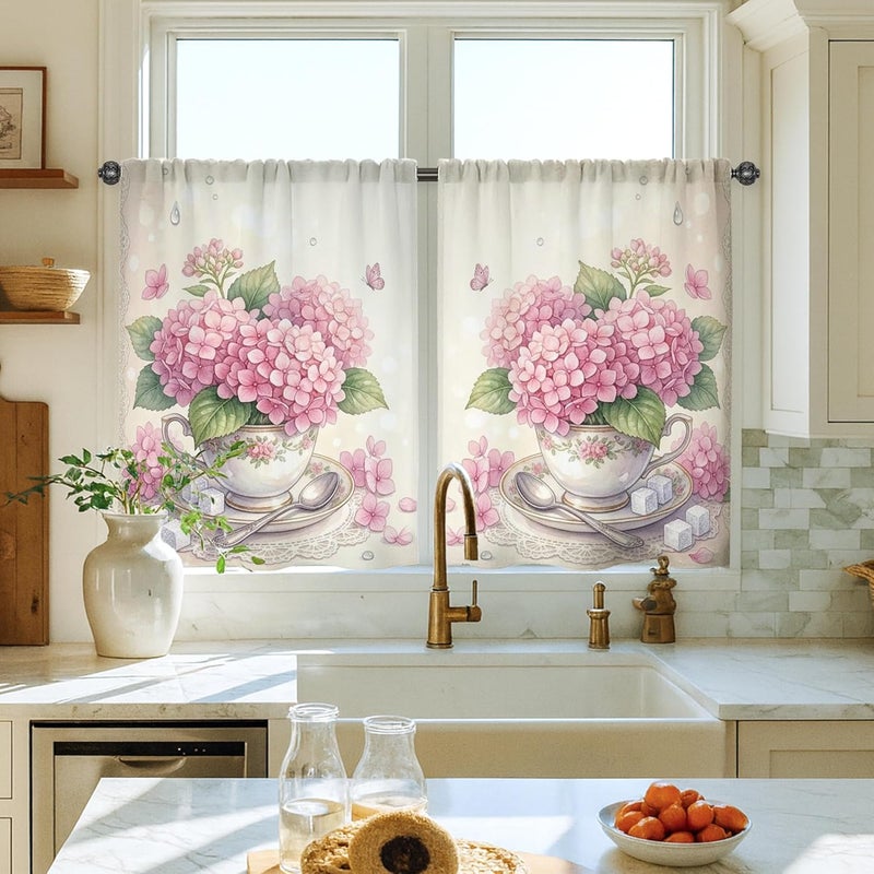 Hydrangea Kitchen Curtains, Vintage Floral Teacup Butterfly Spring Peach Sink Window Curtains for Small Rv Sink Area Narrow Window 28x39 Inch - Image 1