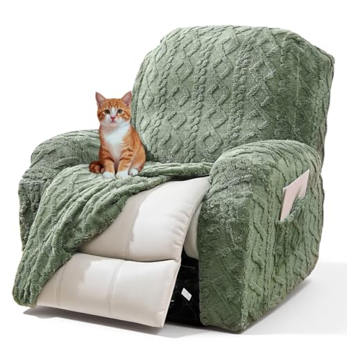 vctops Sage Green Recliner Chair Covers 4 Pieces Geometric Jacquard Plush Recliner Slipcovers Soft Sofa Couch Cover AntiSlip Furniture Protector with Elastic Bottom for Kids Cats DogsGreen1 Seat - Image 1