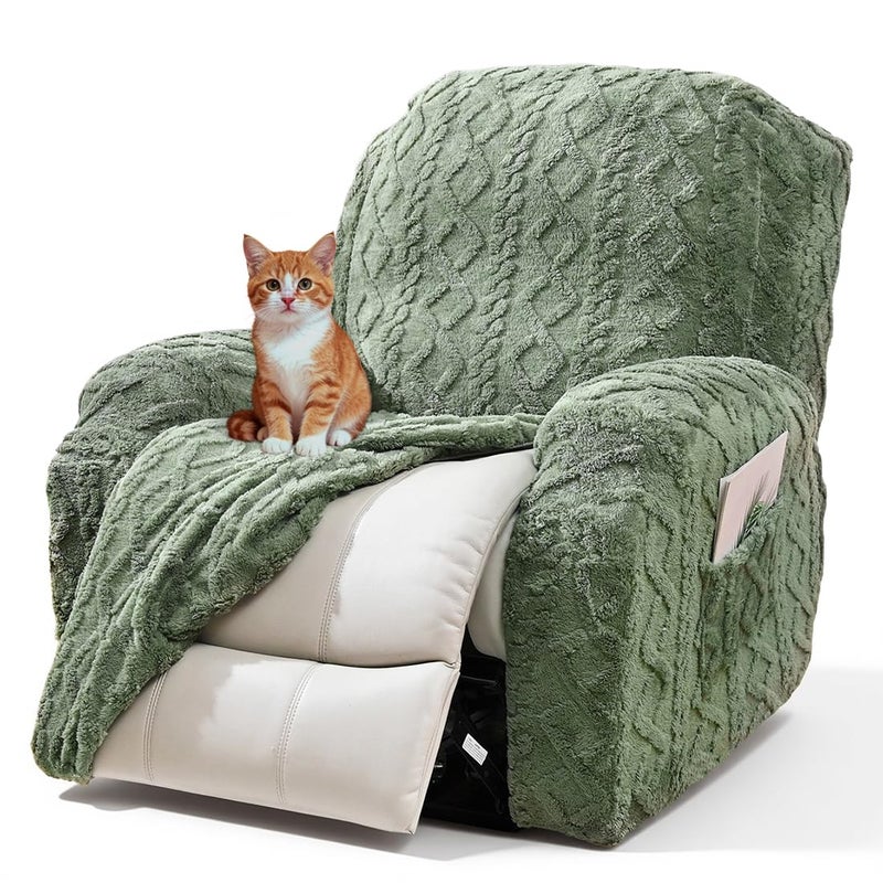 vctops Sage Green Recliner Chair Covers 4 Pieces Geometric Jacquard Plush Recliner Slipcovers Soft Sofa Couch Cover AntiSlip Furniture Protector with Elastic Bottom for Kids Cats DogsGreen1 Seat - Image 2